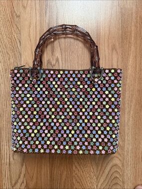 Y2K Handmade Brown Floral Beaded Tote Bag with Acrylic Bamboo Handles